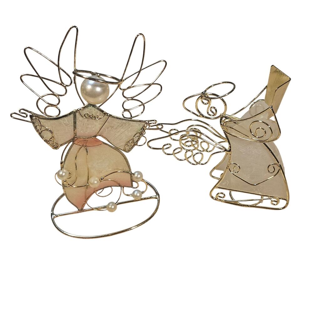 Vintage 80s Capiz Shell & Gold Wire Angel Figurines • Pearl Trim Christmas Decor